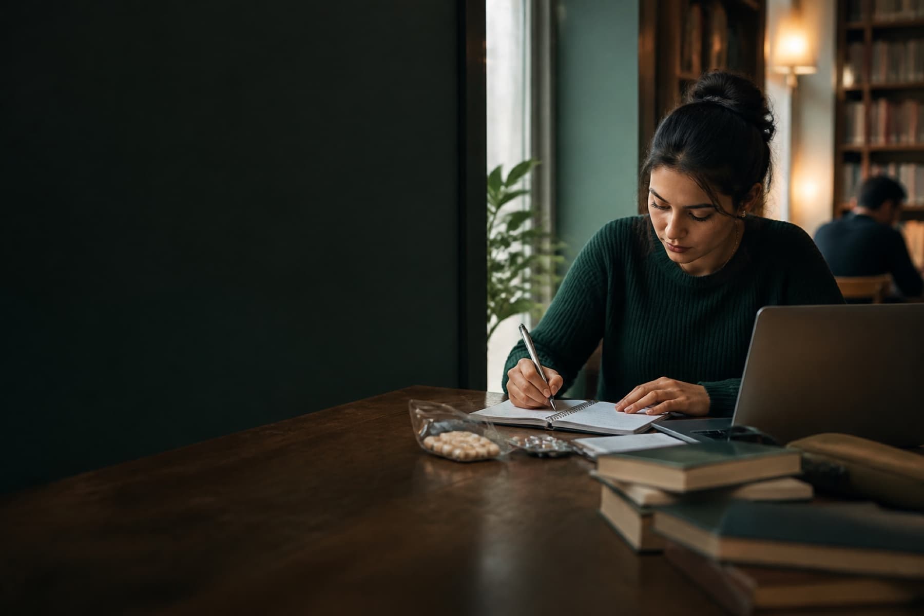 Pharmacy student building knowledge through a focused study session