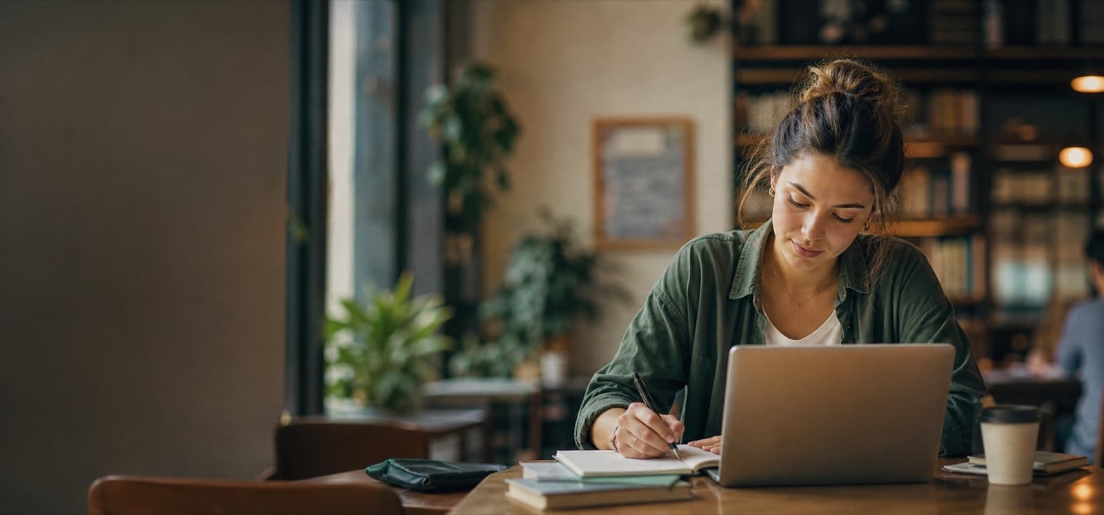 Pharmacy student studying with a laptop and notebook in a university café