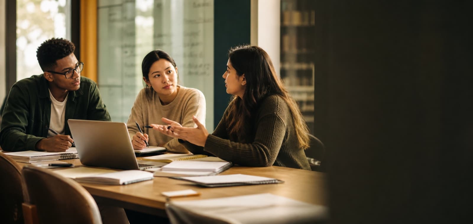 Three pharmacy students collaborating around a laptop in a university study room